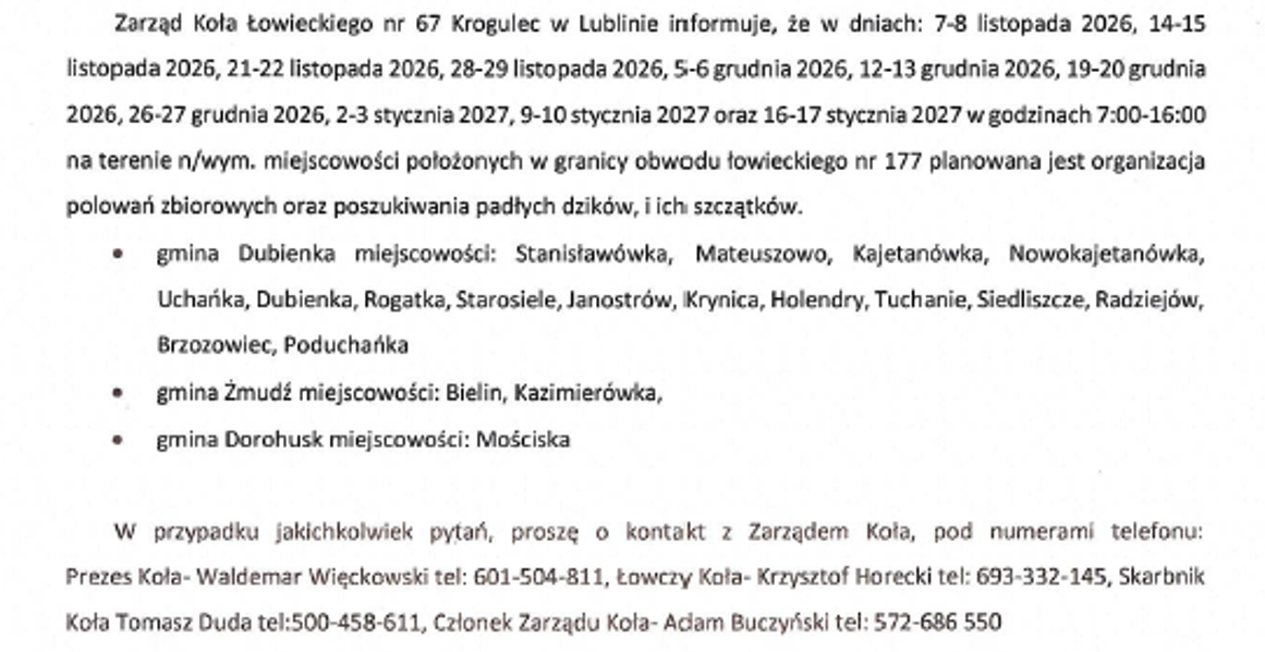 organizacja polowań w&nbsp;gminie dubienka koła łowieckiego krogulec