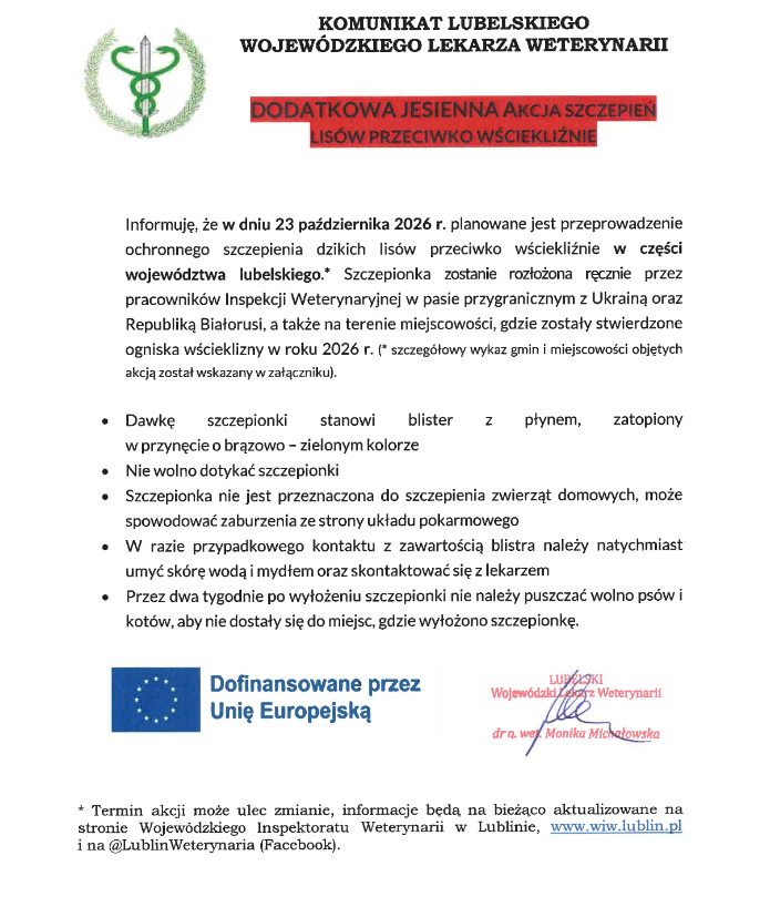 komunikat lubelskiego lekarza weterynarii o&nbsp;dodatkowej jesiennej akcji szczepienia lis&oacute;w przeciwko wściekliźnie, kt&oacute;re odbędzie się 23.10.2026 w&nbsp;częsci wojew&oacute;dztwa lubelskiego