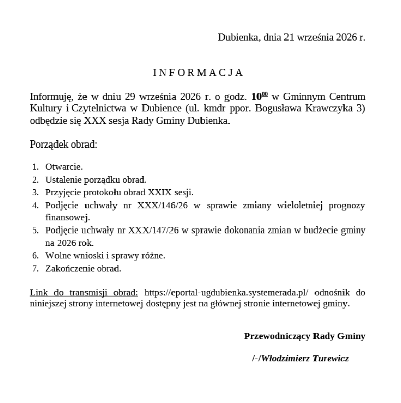 trzydziesta sesja rady gminy dubienka, porogram 
