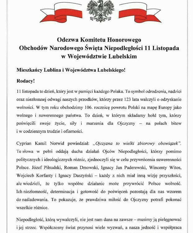 Zdjęcie do Odezwa Komitetu Honorowego Obchod&oacute;w Narodowego Święta Niepodległości...